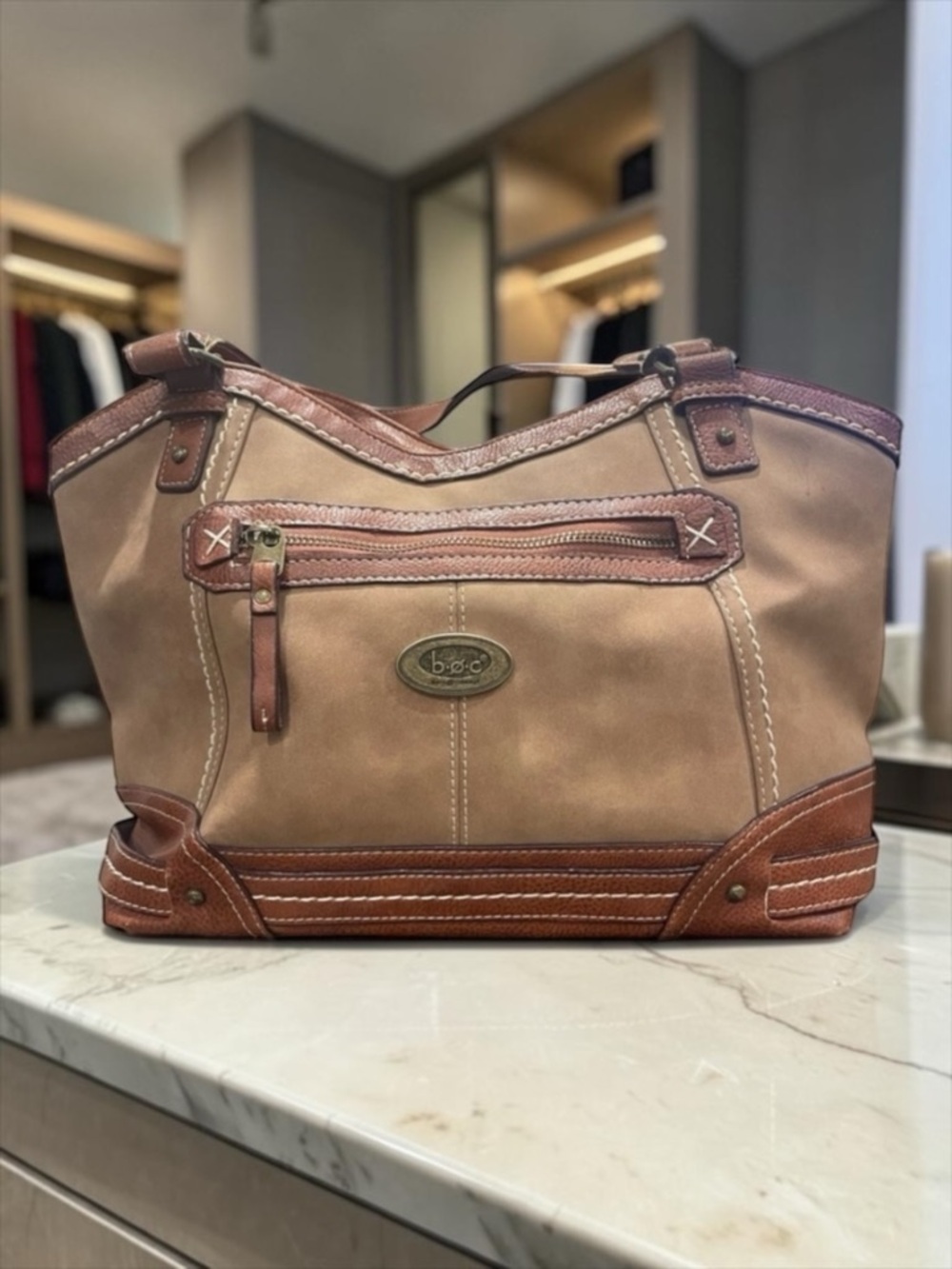 🔺️SOLD🔺️b.o.c. Tan and Brown Leather Tote Bag casual, contemporary stylish